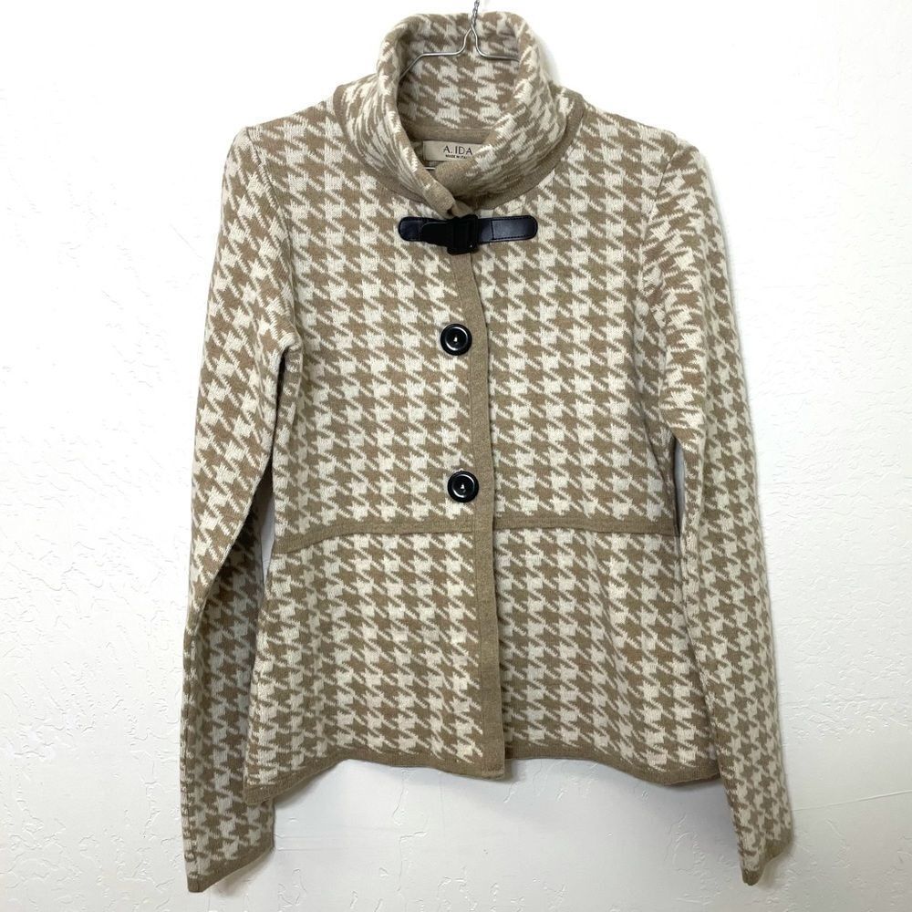 A. Ida Wool Cardigan Houndstooth Sweater Tan size Small
